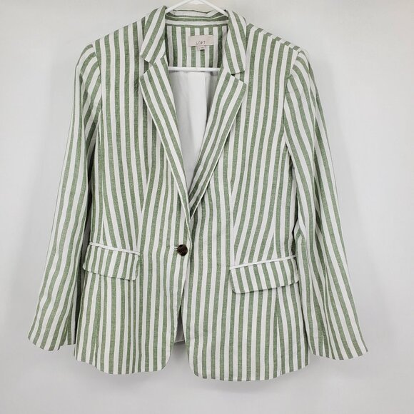 Loft Ann Taylor Green White Striped Linen Blend Preppy Beachy Blazer Jacket 8 - Picture 1 of 10